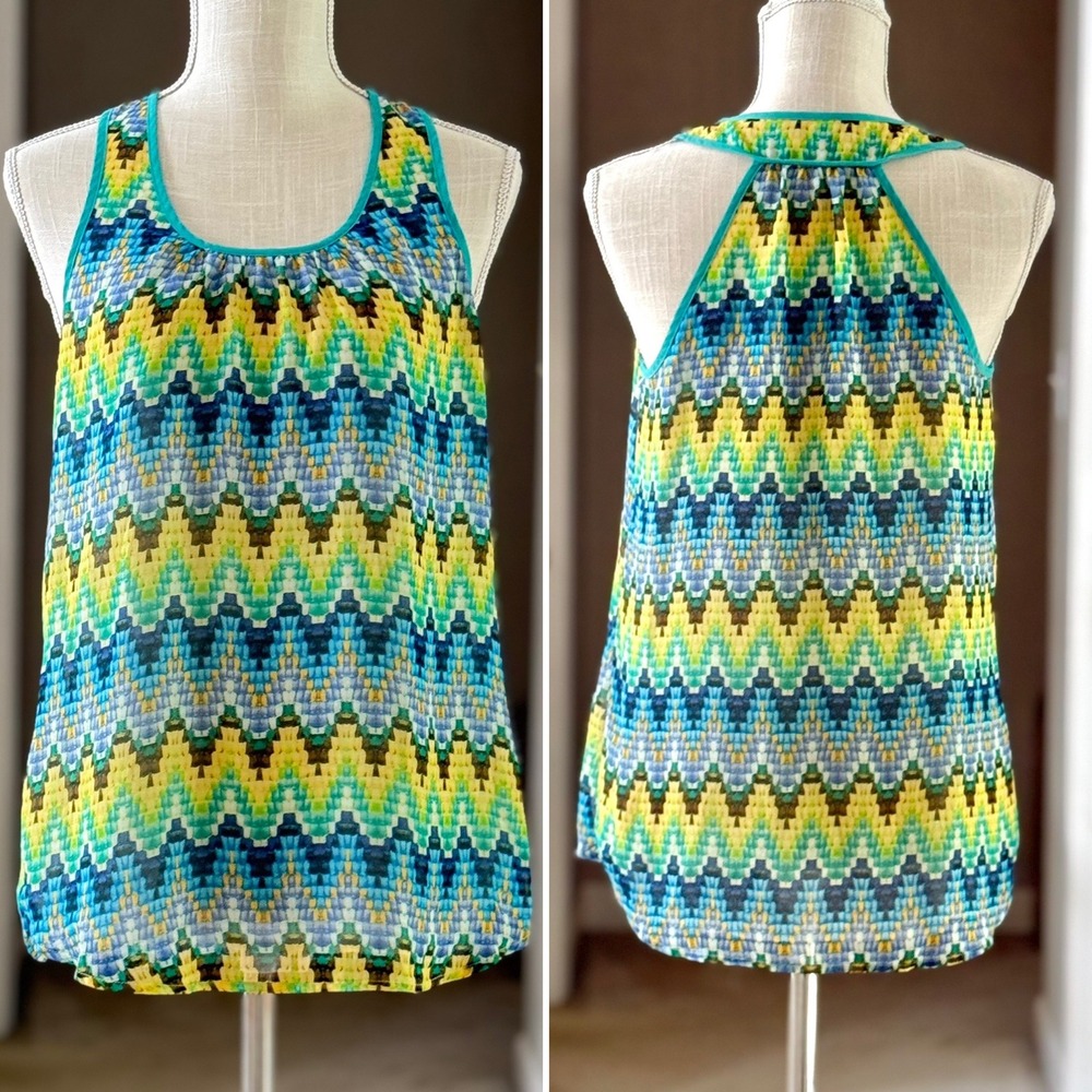 Joy Joy Blue Green Yellow Geometric Chevron Racerback Tank Top Blouse Small